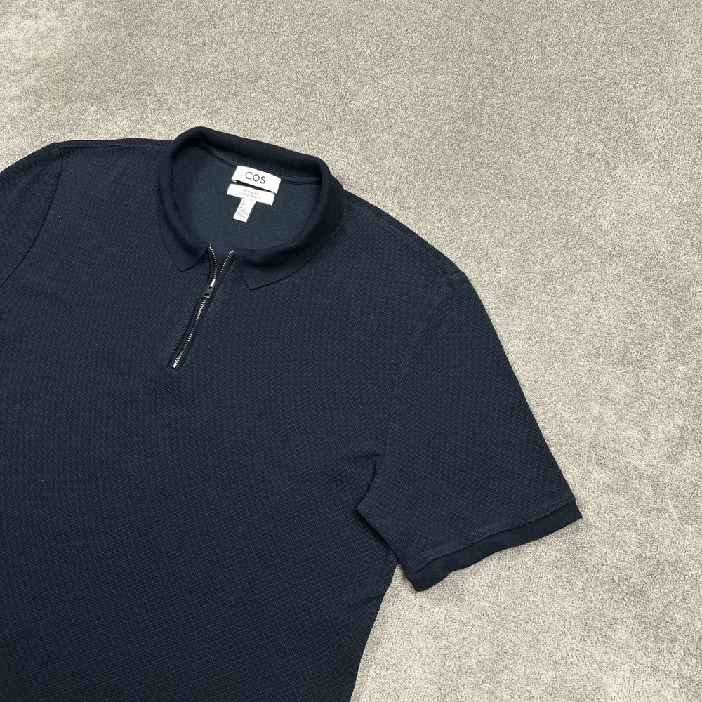 COS Polo Shirt Mens L Navy Zip Collar Short Sleeve Casual Designer Textured